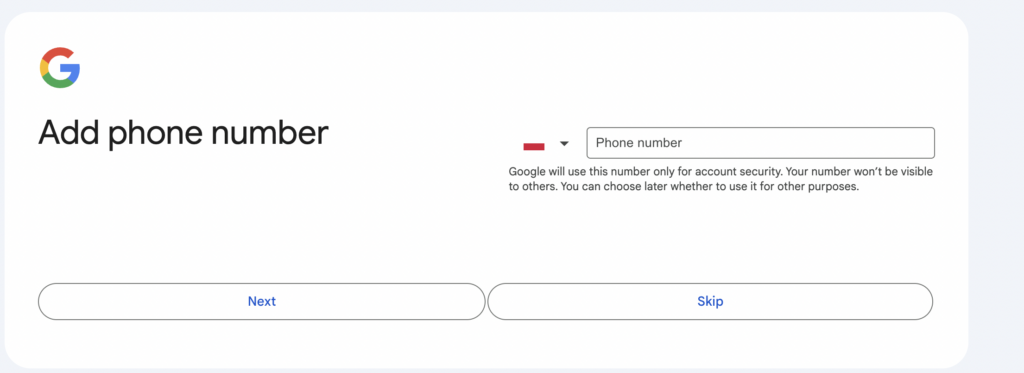 Creating Google Account – adding phone number 