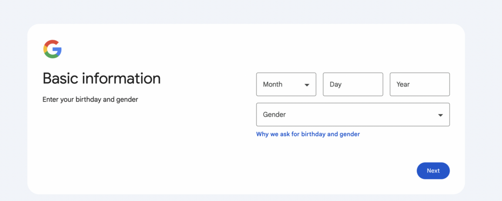 Creating Google Account – date of birth