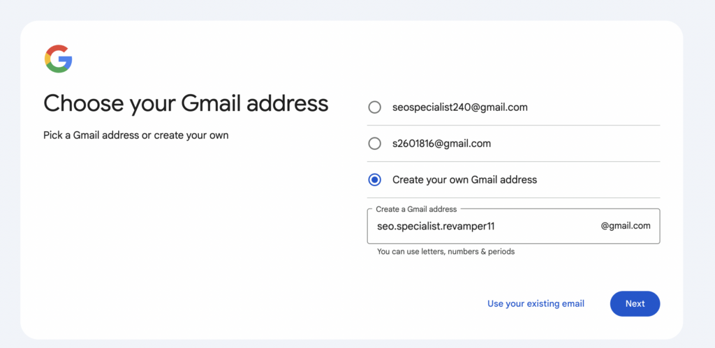 Creating Google Account – Gmail address