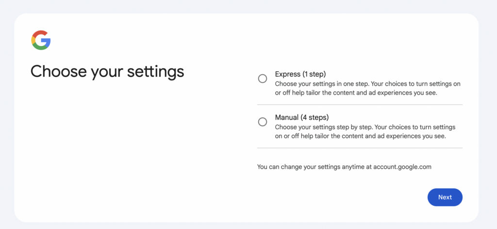 Creating Google Account – settings 