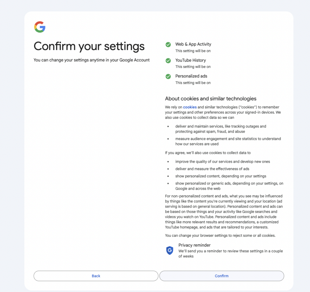 Creating Google Account – settings confirmation