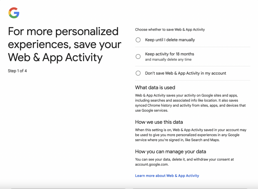 Creating Google Account – deciding on Web & App Activity data to be sved 