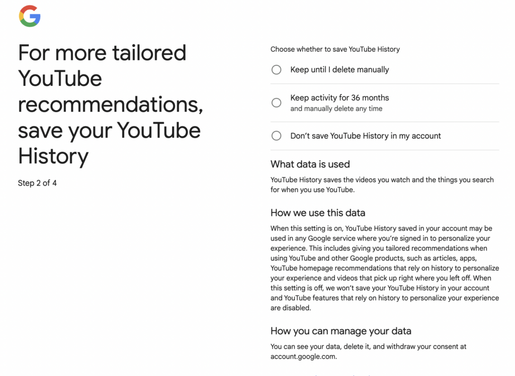 Creating Google Account – deciding on YouTube History data to be saved