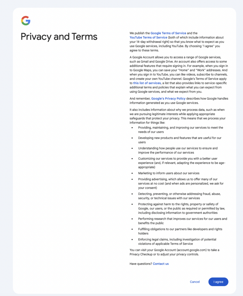 Creating Google Account – confirming Privacy and Terms