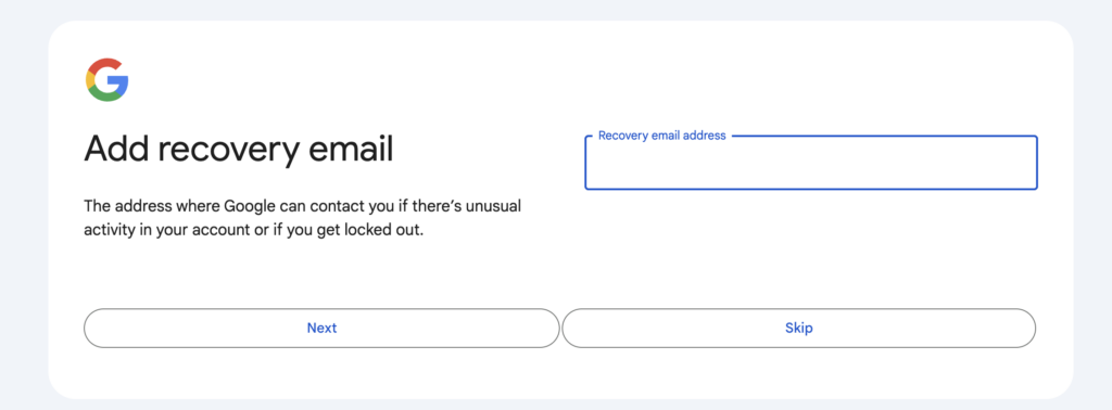 Creating Google Account recovery mail