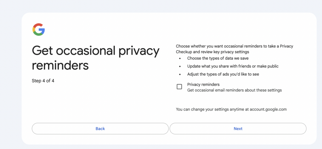 Creating Google Account – occasional privacy reminders