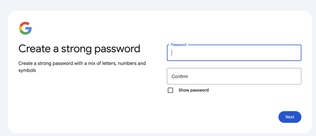 Creating Google Account – setting password