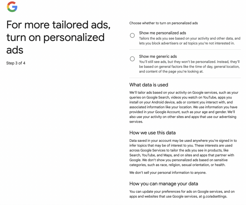 Creating Google Account – deciding on turning on personalized Ads